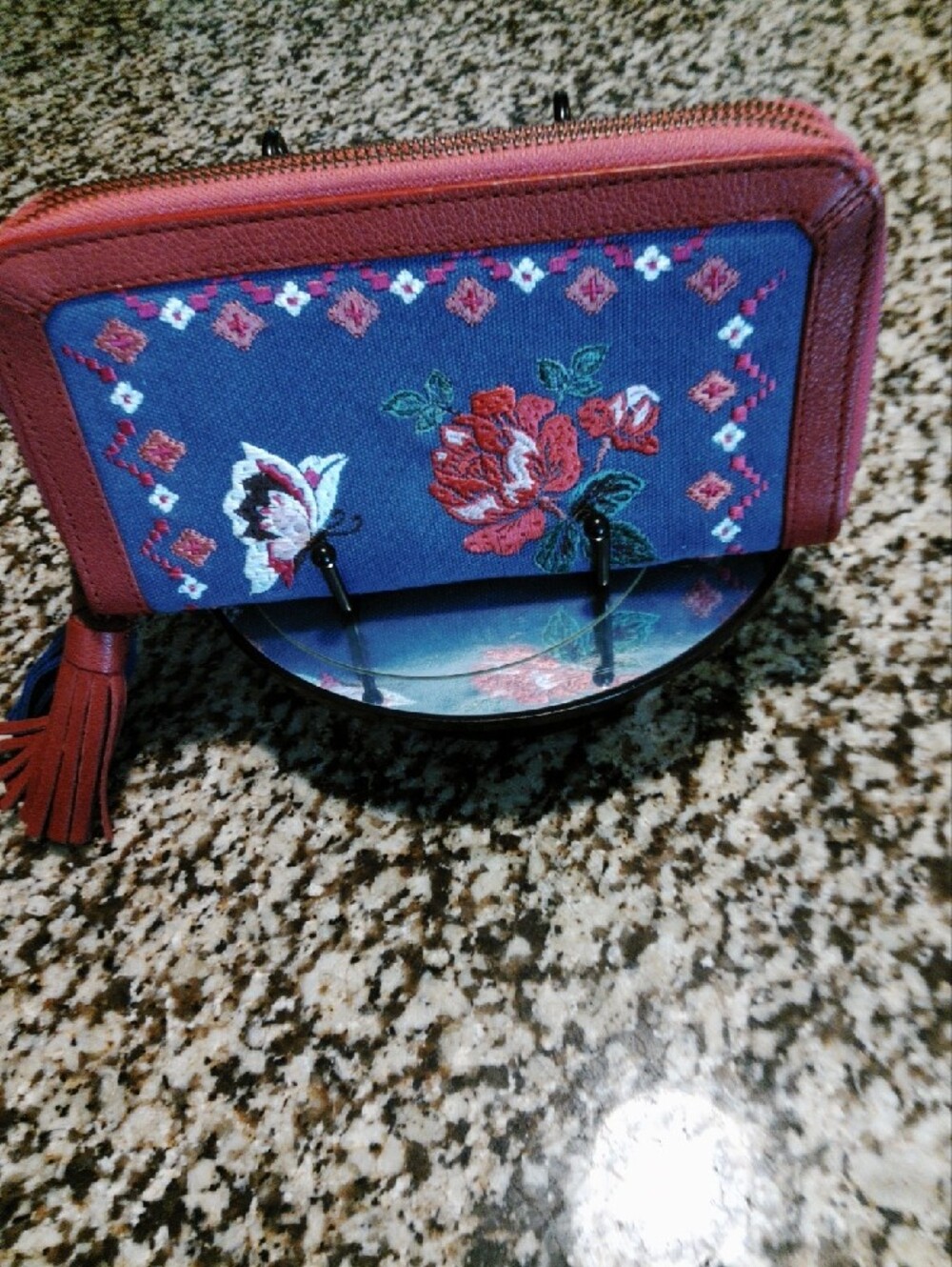 Sharif Double Zip Embroidered Wallet Leather Trim Floral Butterfly Tassel. EUC. - Picture 3 of 5